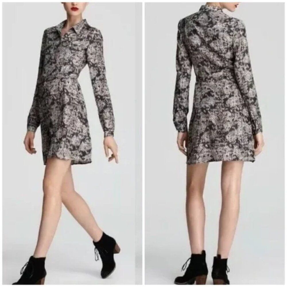 Theory brown grey snake lace print Ananine silk button down shirt mini dress